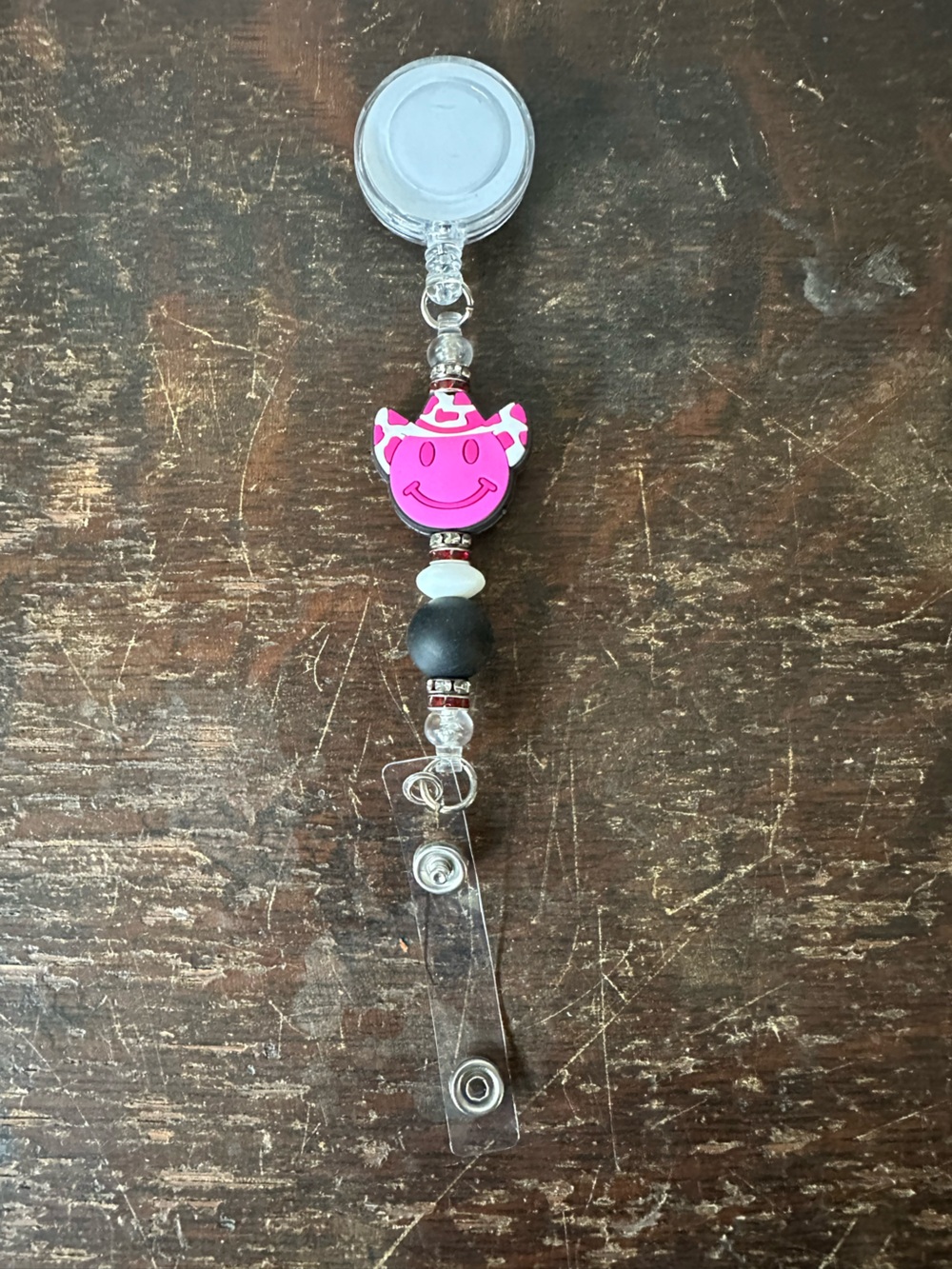 Pink Smiley Cat Beaded Badge Reel - Card & Key Holder